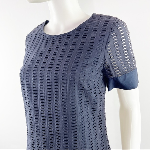 Theory Size 6 Navy Blue Short Sleeve Eyelet Embroidered Shift Dress - Picture 4 of 9